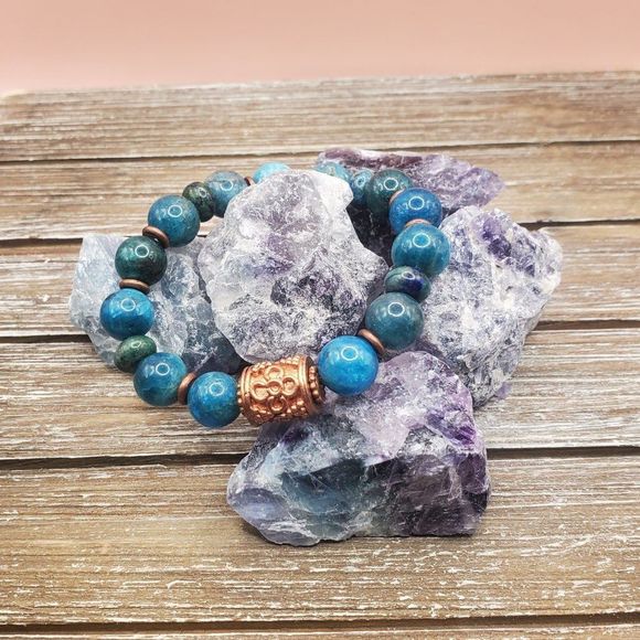 Persephone's Daughter Jewelry - Neon Blue Apatite, Chrysocolla, and Copper Beaded Bracelet